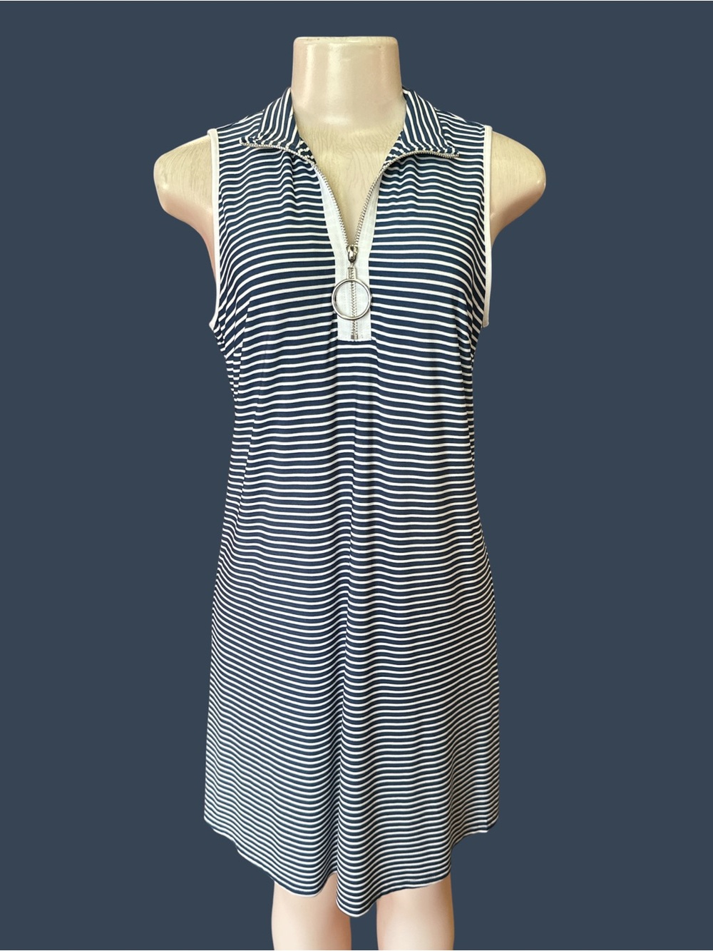 MSK Petite Navy White Striped Polo Shift Dress O-Ring Zip PM